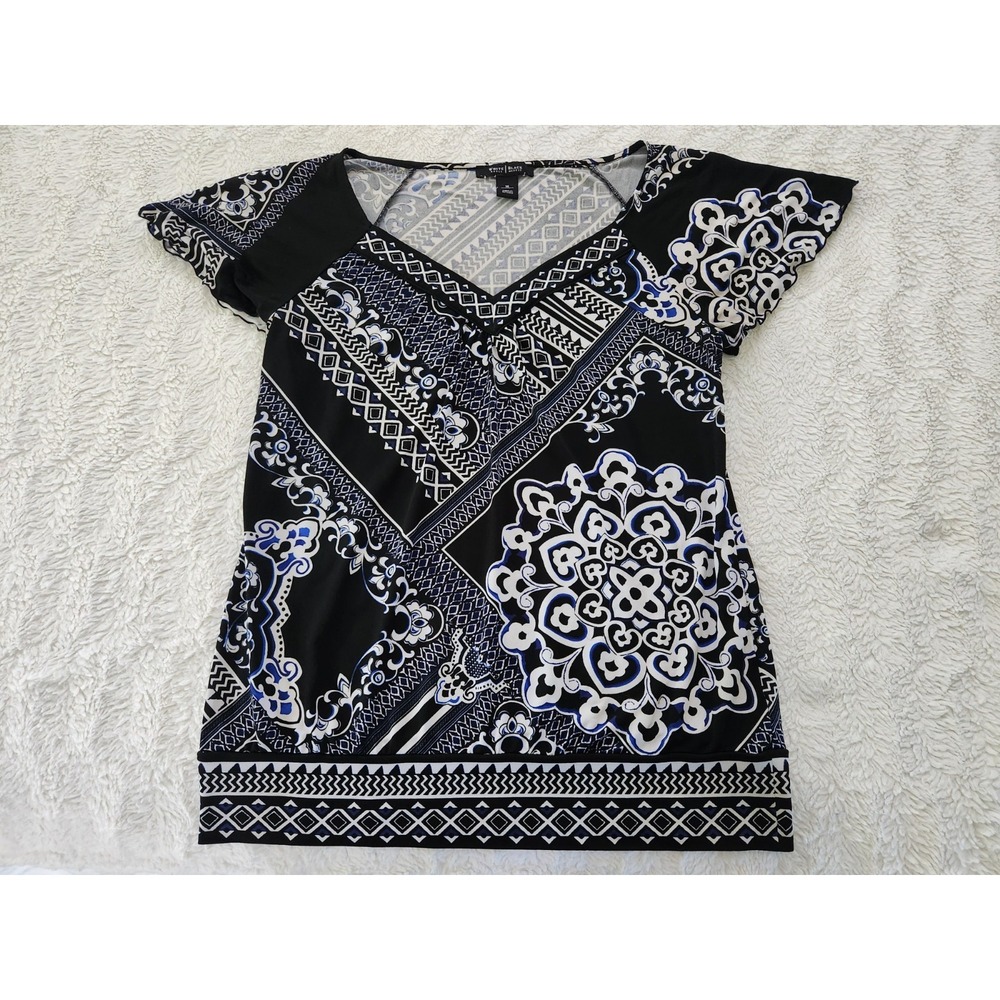 White House Black Market Top Womens Medium M Black Blue Medallion Geometric...